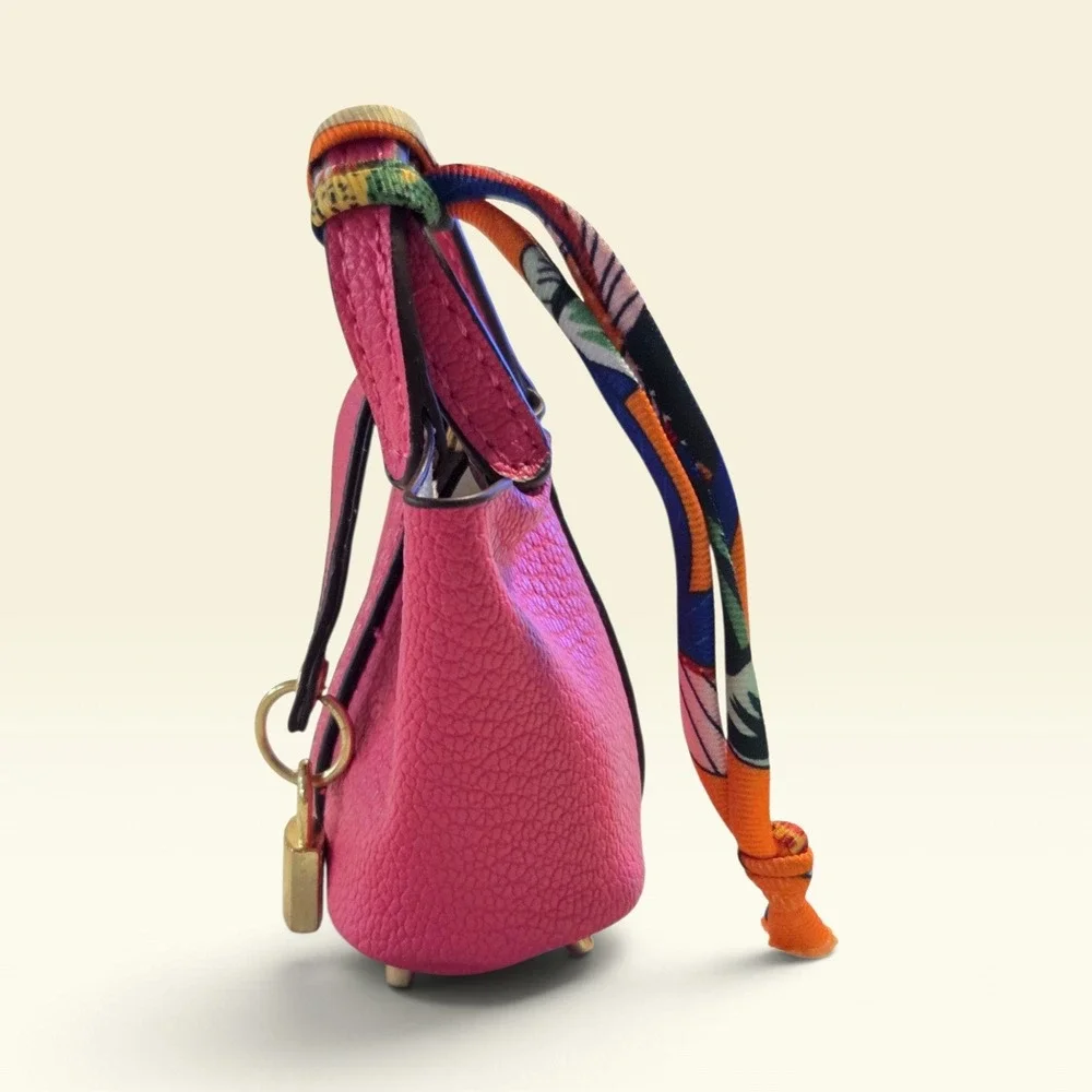 Pink Vegan Leather Mini Bucket Bag Charm With Lock And Scarf Detail